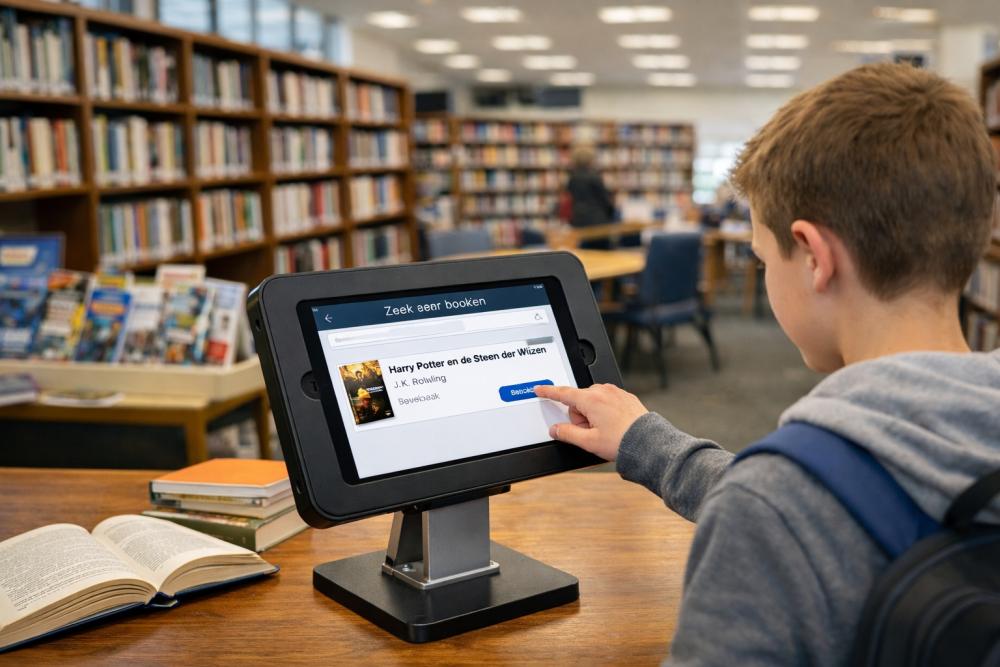 Tablette dans une bibliothèque scolaire