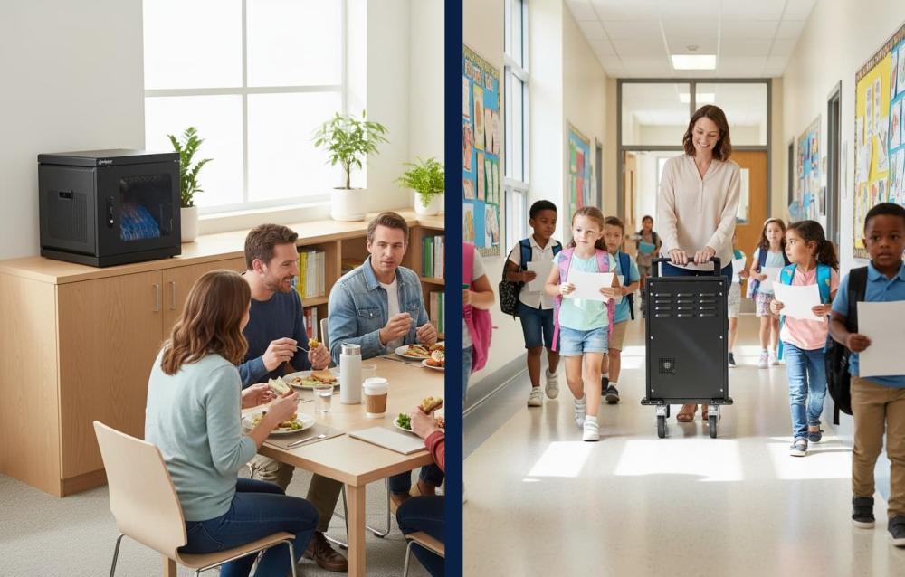 armoire de chargement dans une salle des professeurs et une chariote de chargement dans le couloir d'une école