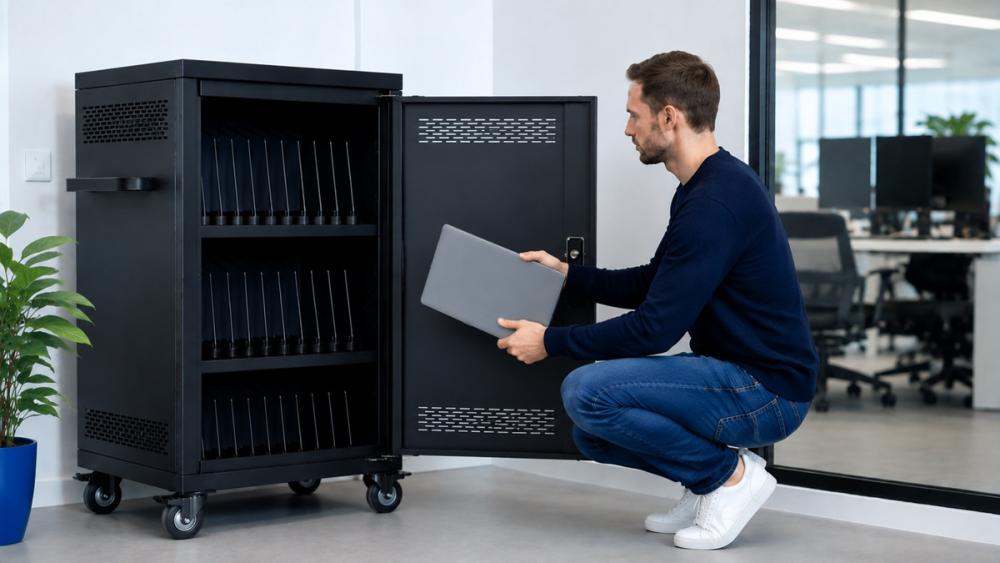Armoire de recharge avec ordinateurs portables en prêt pour la gestion informatique au bureau