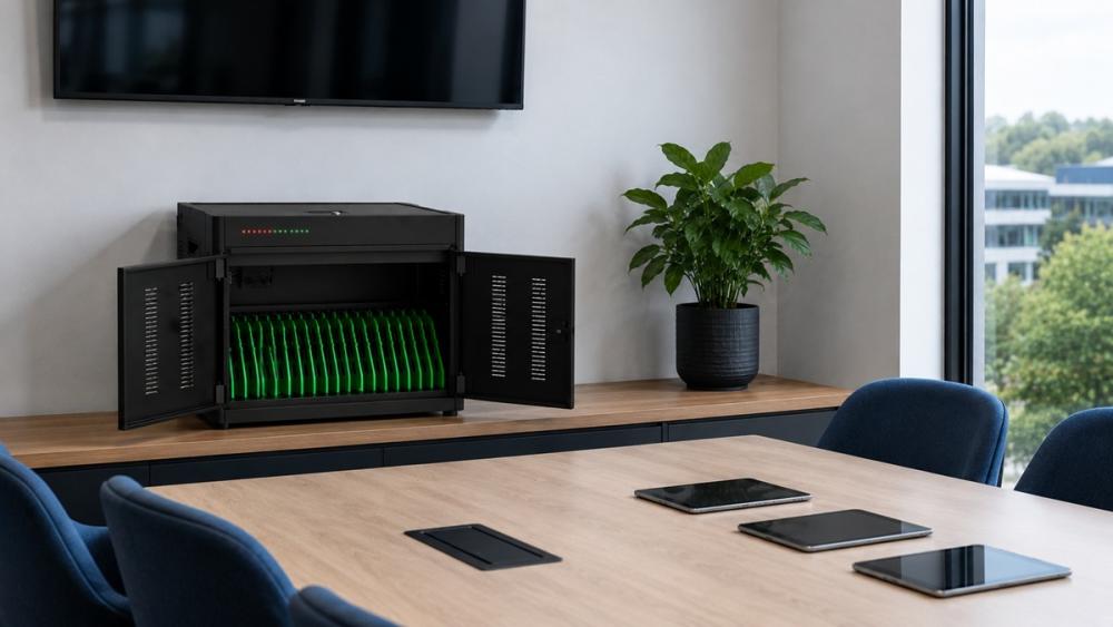 Tablettes chargées dans une salle de réunion au bureau