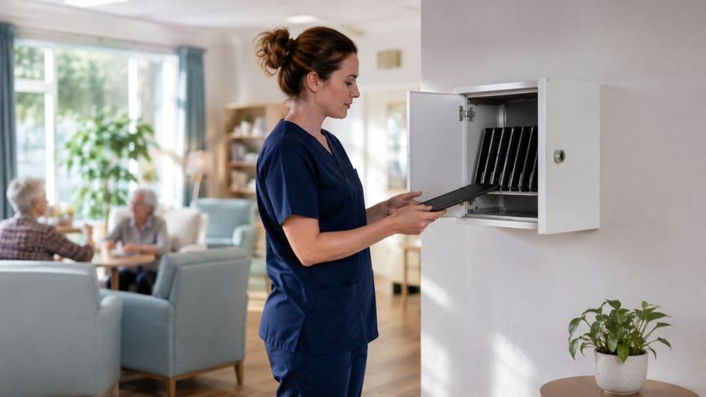Armoire de recharge avec tablettes dans un établissement de soins pour personnes âgées
