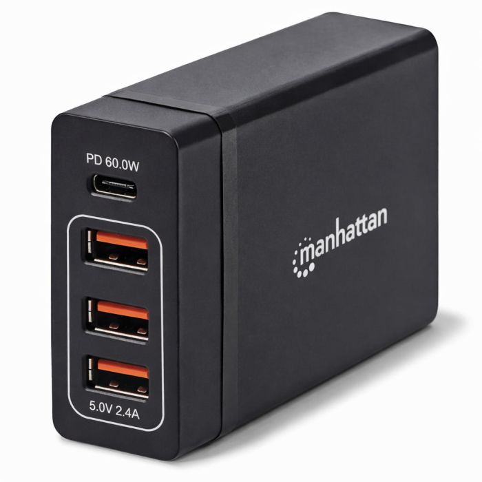 Vue latérale du hub de chargement Manhattan 72 W à 4 ports USB-A/C Power Delivery avec ports USB et logo visibles.