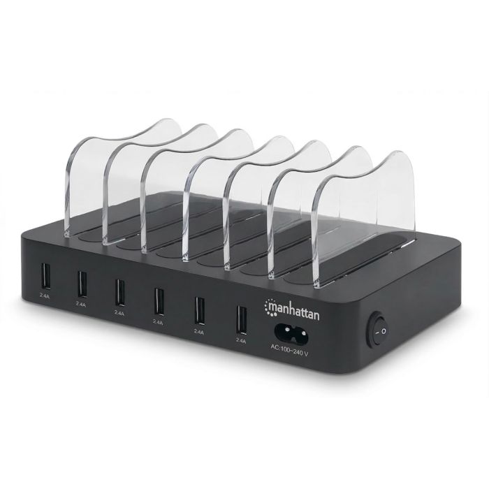 Vue latérale de la station de recharge USB-A à 6 ports Manhattan avec compartiments de recharge ouverts et ports USB visibles.