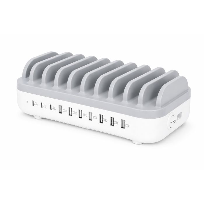 Vue latérale de la station de recharge USB Power Delivery à 10 ports Manhattan avec ports de recharge visibles et gestion des câbles.