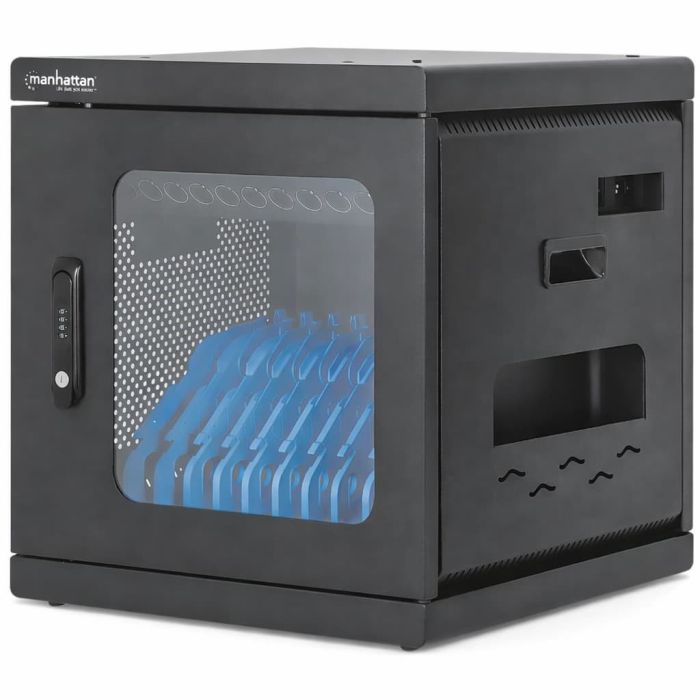 Vue latérale de l'armoire de chargement Manhattan AC avec compartiments ouverts pour 10 tablettes ou ordinateurs portables, visibles avec des supports bleus.