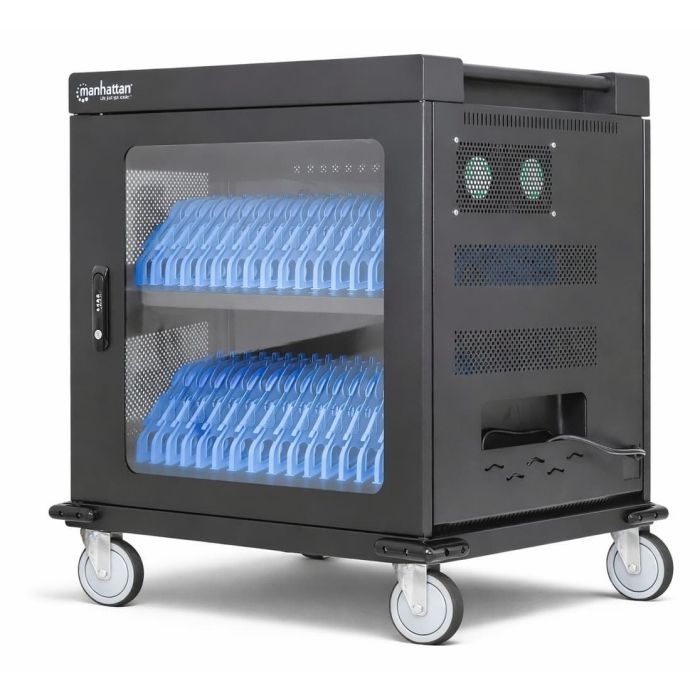 Vue latérale du chariot de chargement Manhattan AC avec compartiments ouverts pour 32 tablettes ou ordinateurs portables jusqu'à 15,6 pouces, visibles avec les supports bleus.