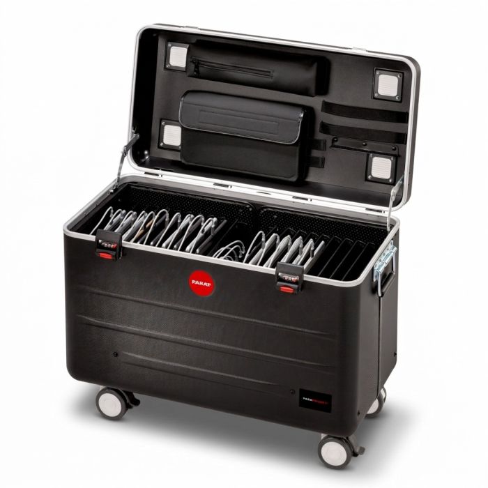 Étui de chargement ouvert PARAT TC20 TwinCharge avec espace pour 20 tablettes, y compris compartiment de rangement et câbles.
