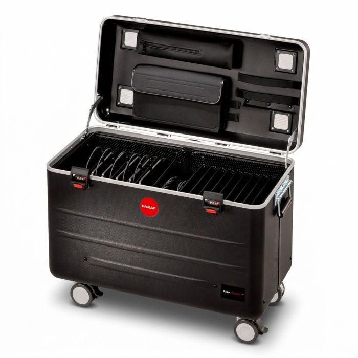 Étui de chargement ouvert PARAT TC20 TwinCharge avec compartiments visibles pour 20 tablettes et câbles sur le dessus.