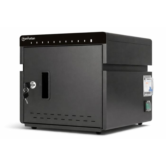 Vue latérale de l'armoire de chargement USB-C Manhattan avec clé et serrure RFID.