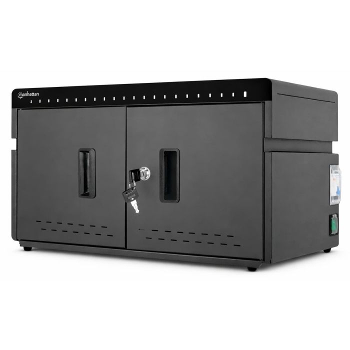 Vue latérale de l'armoire de chargement USB-C Manhattan avec portes fermées et clé pour la sécurité.