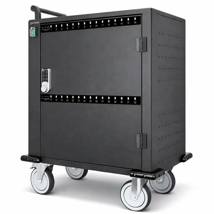 Vue latérale du chariot de chargement Manhattan USB-C avec serrure à code numérique, avec roues visibles et compartiments de rangement pour 32 appareils.