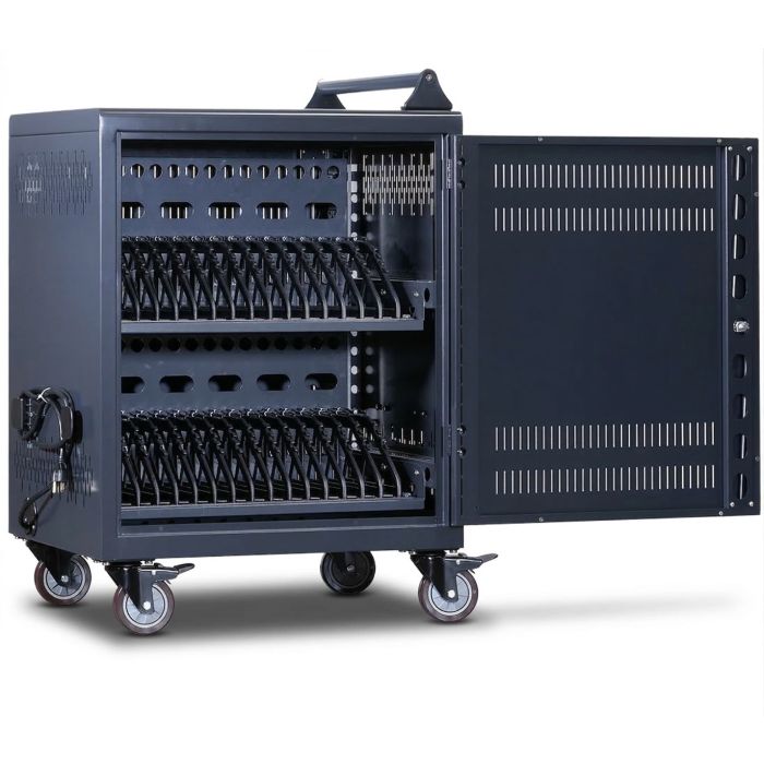 Vue latérale du chariot de chargement Power Technologies AC-30 avec porte ouverte et compartiments de chargement visibles pour 30 appareils.