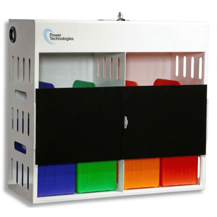 Vue latérale de l'armoire de chargement Power Technologies AC-GO-16 avec compartiments fermés et paniers colorés pour 16 appareils.