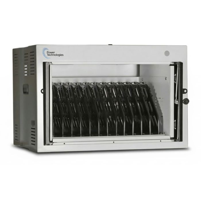 Vue latérale de l'armoire de chargement Power Technologies AC-MINI avec compartiments ouverts pour 12 ordinateurs portables.