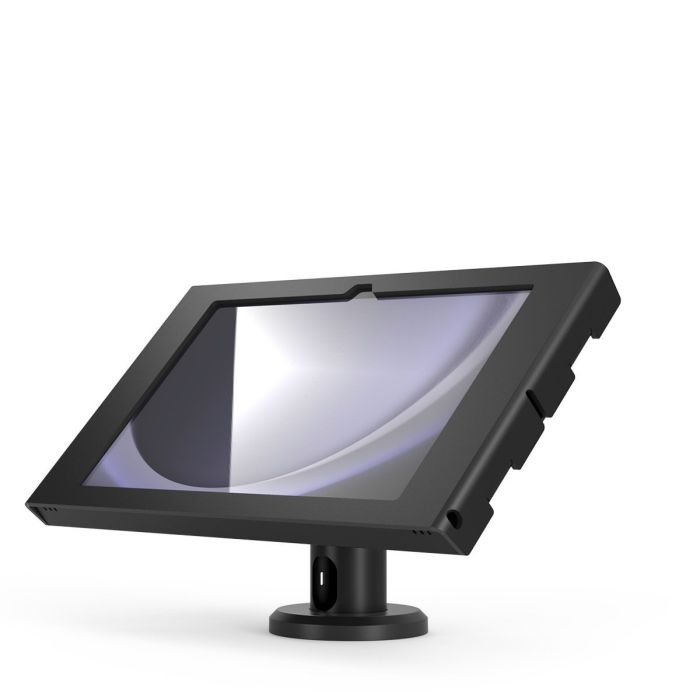 Vue latérale du support de table Compulocks Rise pour Samsung Galaxy Tab A11+, avec une finition noire moderne.