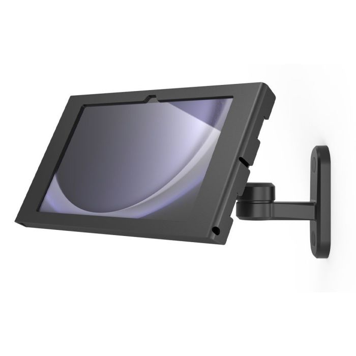 Vue latérale du support mural Compulocks Swing Apex pour Samsung Galaxy Tab S10 FE, monté au mur avec une finition noire.