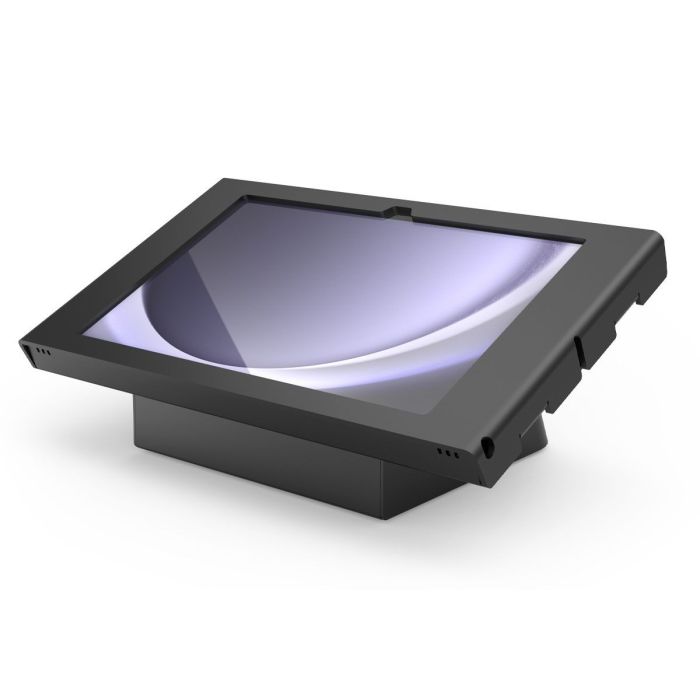 Vue latérale du support de table Compulocks AV Capsule Apex pour Samsung Galaxy Tab A11+, noir, avec une tablette inclinée.