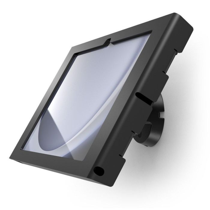 Vue latérale du support mural noir Compulocks Bow Apex pour Samsung Galaxy Tab S9, monté au mur.