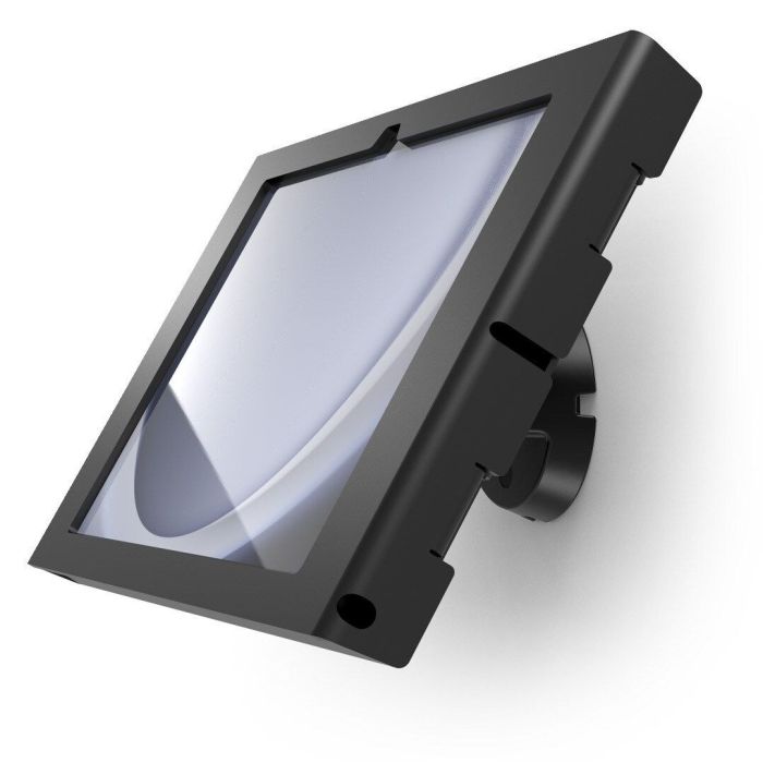 Vue latérale du support mural noir Compulocks Bow Apex pour Samsung Galaxy Tab A9+, monté au mur.