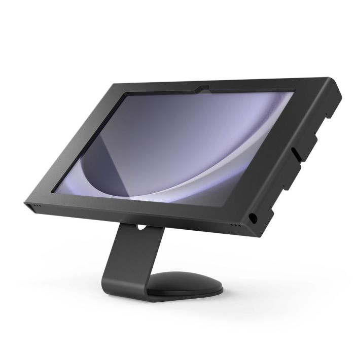 Vue latérale du support de table Compulocks Core Apex pour Samsung Galaxy Tab A9+, avec une finition noire moderne.