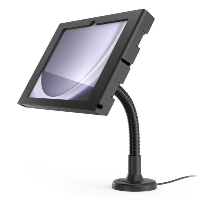 Vue latérale du support de table Compulocks Flex Apex pour Samsung Galaxy Tab A11+, avec bras flexible et design noir.