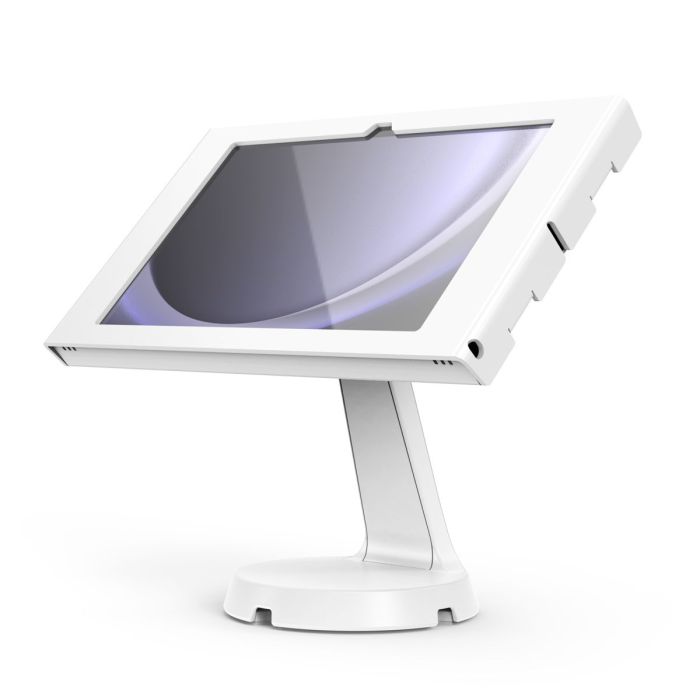 Vue latérale du support de table Compulocks Mast Apex pour le Samsung Galaxy Tab A11+, avec une tablette inclinée.