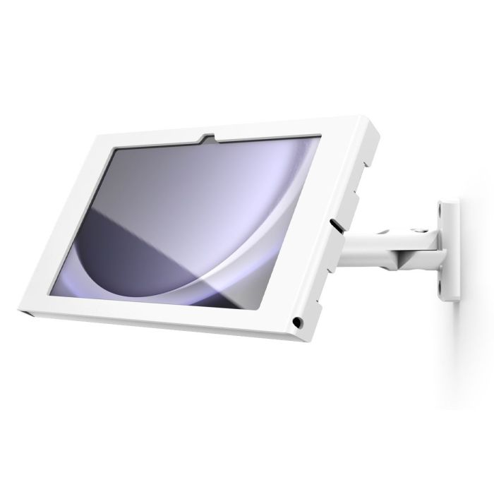 Vue latérale du support mural Compulocks Swing Apex pour Samsung Galaxy Tab A9+ en blanc, monté au mur.