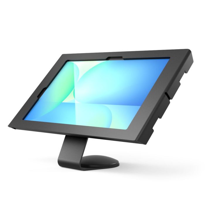 Vue latérale du support de table Compulocks Core Apex pour Samsung Galaxy Tab S10 FE+, avec une finition noire moderne.