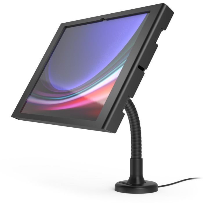 Vue latérale du support de table Compulocks Flex Apex pour Samsung Galaxy Tab S10 Ultra, avec bras flexible et design noir.
