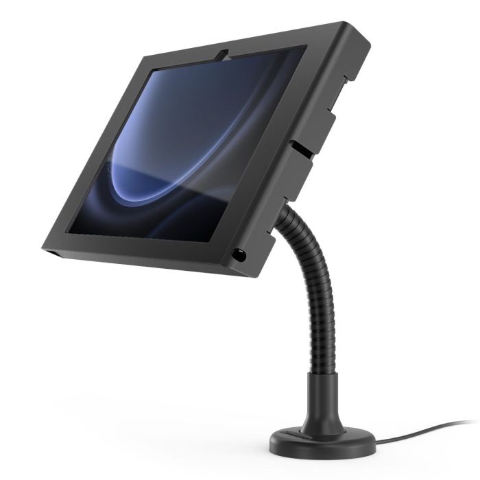 Vue latérale du support de table Compulocks Flex Apex pour Samsung Galaxy Tab S10 Lite, avec bras flexible et design noir.