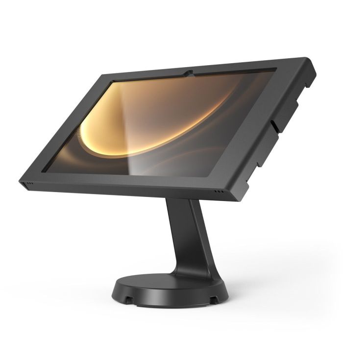 Vue latérale du support de table Compulocks Mast Apex pour Samsung Galaxy Tab S10+, avec une finition noire moderne.