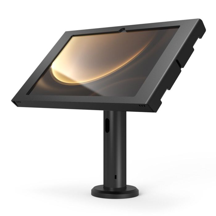 Vue latérale du support de table Compulocks Rise avec un Samsung Galaxy Tab S10+ en position inclinée.