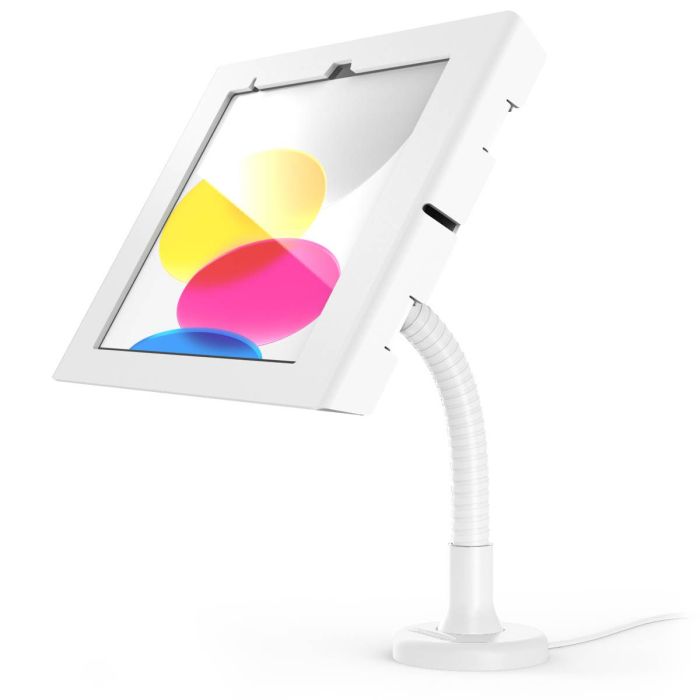 Vue latérale du support de table Compulocks Flex Apex pour iPad, avec un bras flexible et un écran clair.