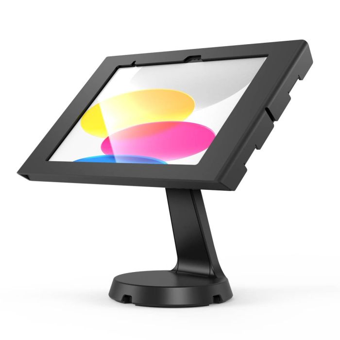 Vue latérale du support de table Compulocks Mast Apex pour iPad, avec un écran clair et une base robuste.