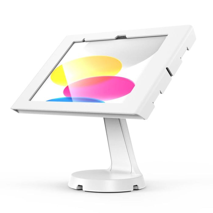 Vue latérale du support de table Compulocks Mast Apex pour iPad 11 pouces, avec un fond coloré et une base robuste.