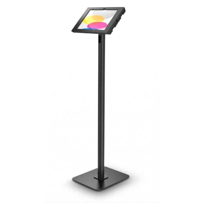 Vue latérale du support de sol Compulocks Swift Swell pour iPad, noir avec un écran clair en cours d'utilisation.