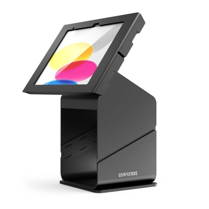 Vue latérale du kiosque d'imprimante pour tablette Compulocks avec un iPad en position verticale, en mettant l'accent sur le design moderne et la base robuste.