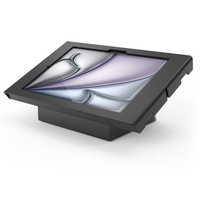 Vue latérale du support de table Compulocks AV Capsule Apex pour iPad Air 11 pouces, avec une finition noire moderne.