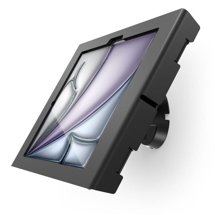 Vue latérale du support mural Compulocks Bow Apex pour iPad Air 11 pouces, avec une élégante finition noire et un support de montage unique.