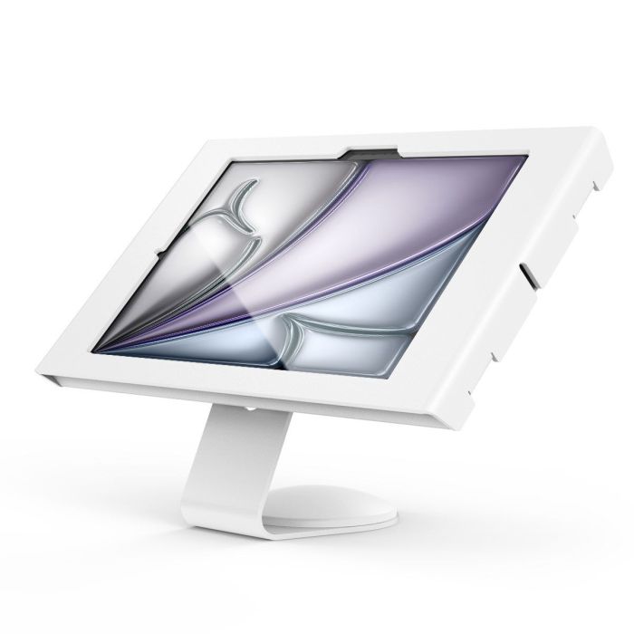 Vue latérale du support de table Compulocks Core Apex pour iPad Air 11 pouces, avec une finition blanche moderne et une base robuste.