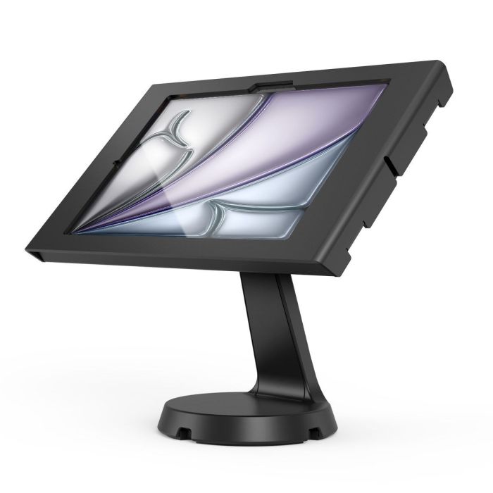 Vue latérale du support de table Compulocks Mast Apex pour iPad Air 11 pouces, noir, avec une position inclinée.