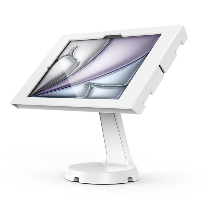 Vue latérale du support de table Compulocks Mast Apex pour iPad Air 11 pouces, avec un look moderne et élégant et une base robuste.