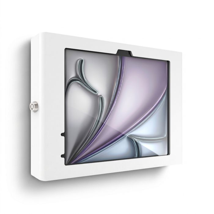 Vue latérale du support mural Compulocks Apex pour iPad Air 11 pouces, au design épuré et doté d'un verrou de sécurité.