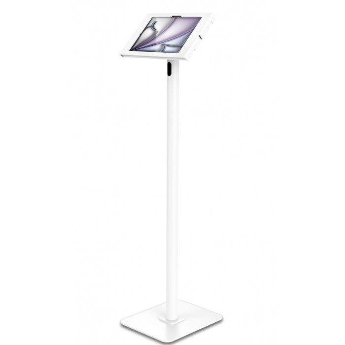 Vue latérale du support au sol Compulocks Swift Apex pour iPad Air 11 pouces, avec un design blanc élégant et une base robuste.