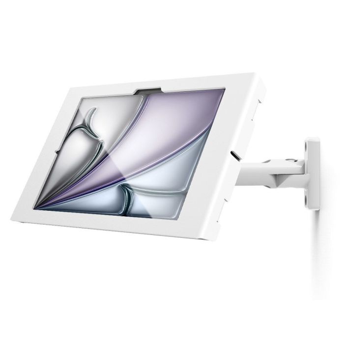Vue latérale du support mural Compulocks Swing Apex pour iPad, fixé au mur avec une finition blanche élégante.