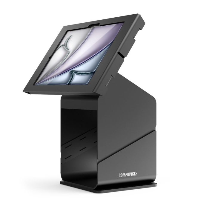 Vue latérale du kiosque d'imprimante pour tablette Compulocks avec un iPad Air 11 pouces en position verticale.