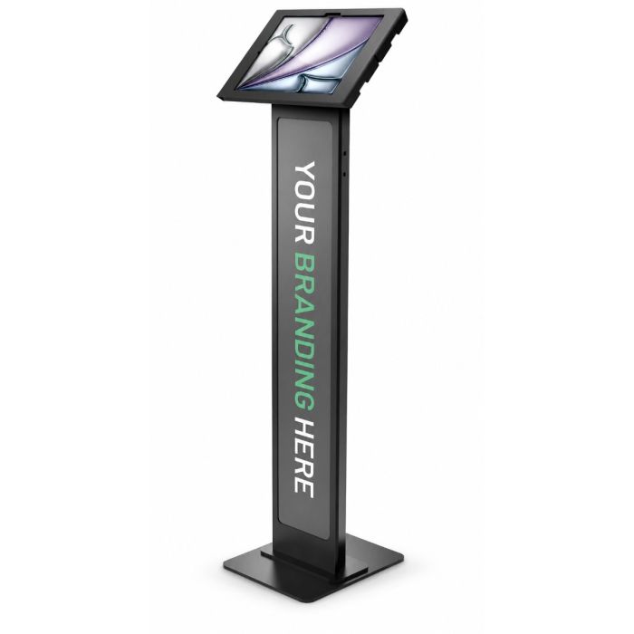 Vue latérale du support au sol Compulocks BrandMe Apex pour iPad Air, avec un design noir et une section de marque personnalisable.
