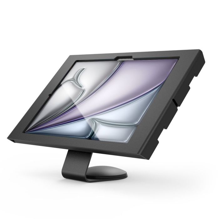 Vue latérale du support de table Compulocks Core Apex pour iPad Air, avec une finition noire moderne et une base robuste.