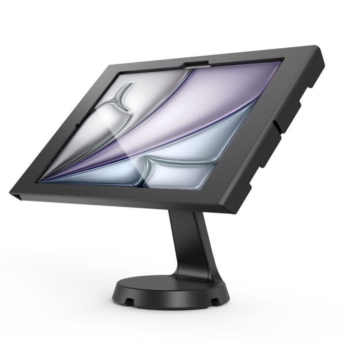 Vue latérale du support de table Compulocks Mast Apex pour iPad Air, avec une tablette inclinée en noir.
