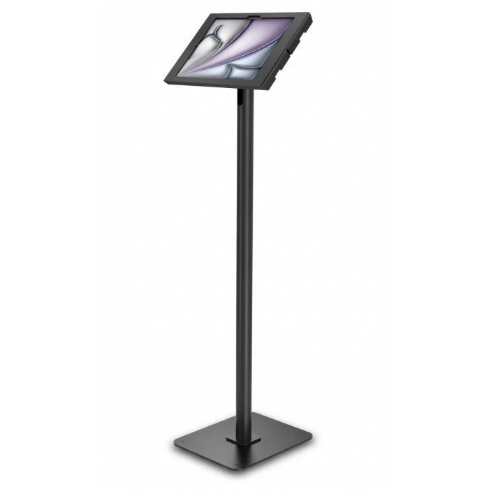 Vue latérale du support au sol Compulocks Swift Apex pour iPad Air, noir, avec un iPad à un angle de 45 degrés.